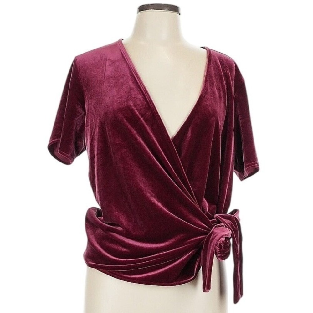 Ann Taylor Velvet Wrap Top Lg Burgundy Side Tie Holiday Luxe‎ Blouse Jewel Tone